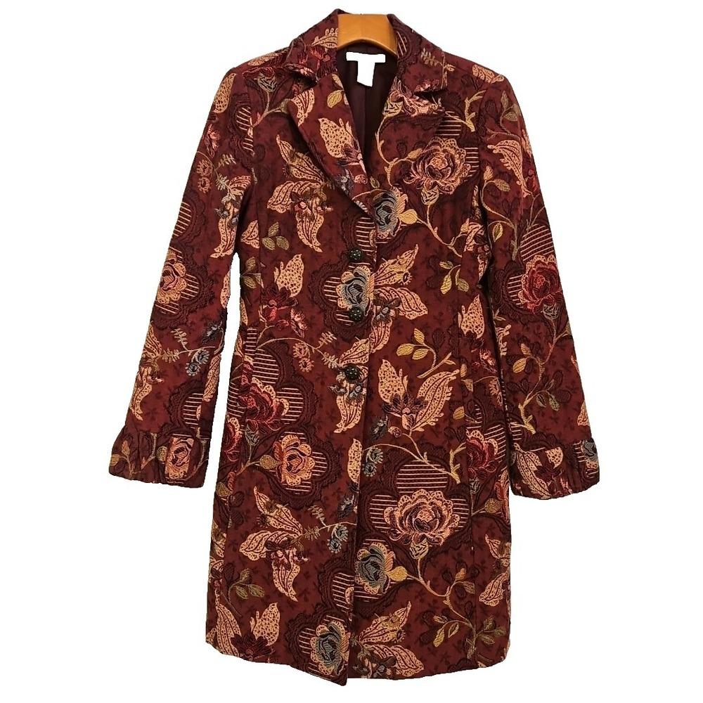 Cabi Jacobean Mulberry Floral Tapestry Coat Size 4 Mid‎ Length Boho Artsy